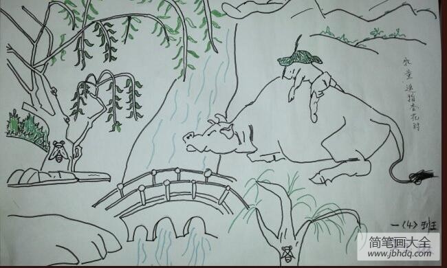 清明节小学生的绘画作品之牧童放牧