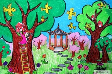 清明节踏青儿童画-为小鸟建造家园