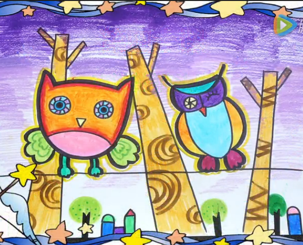 儿童画第40课：夜游的猫头鹰