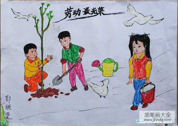 五年级劳动节儿童画图片：我们去植树