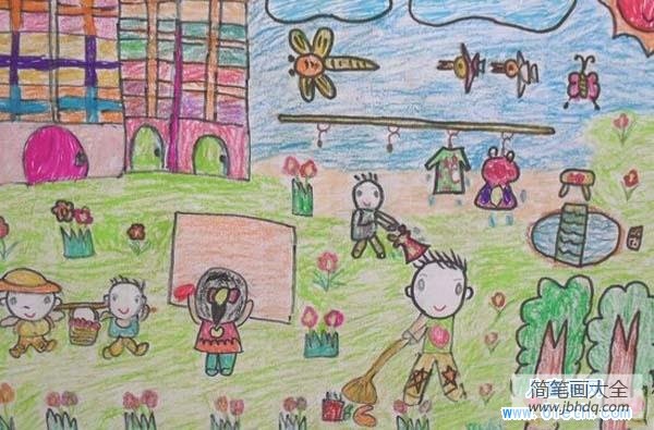 幼儿园中班小朋友五一劳动节儿童画作品：大家一起劳动