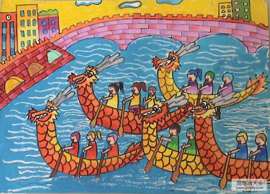 儿童画我们的春节-这天我们划龙舟
