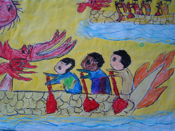 端午节儿童画作品欣赏-赛龙舟了