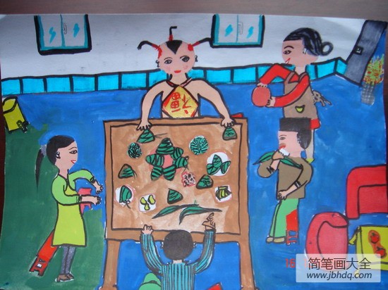 关于端午节的儿童画-大家一起包粽子