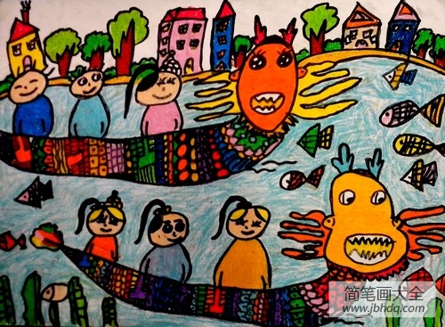 端午赛龙舟儿童画-在龙舟上游行