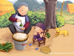 端午节粽子儿童画-看奶奶包粽子