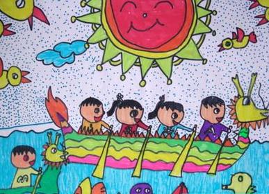 有关端午节的儿童画-快乐龙舟赛