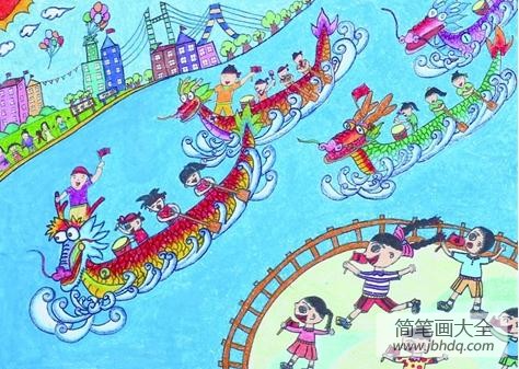 端午节题材的儿童画-欢乐龙舟赛
