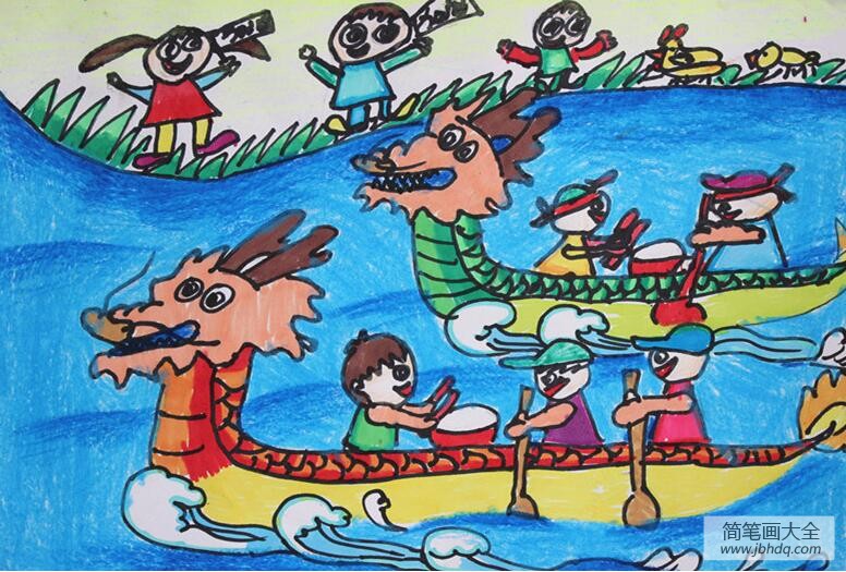 激烈的划龙舟比赛端午节儿童画优秀作品分享