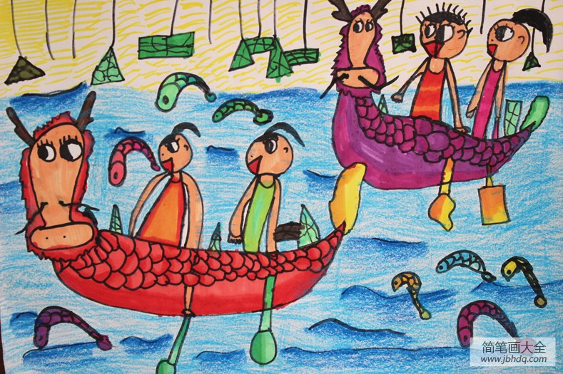 大家一起划龙舟小学生端午节赛龙舟画分享