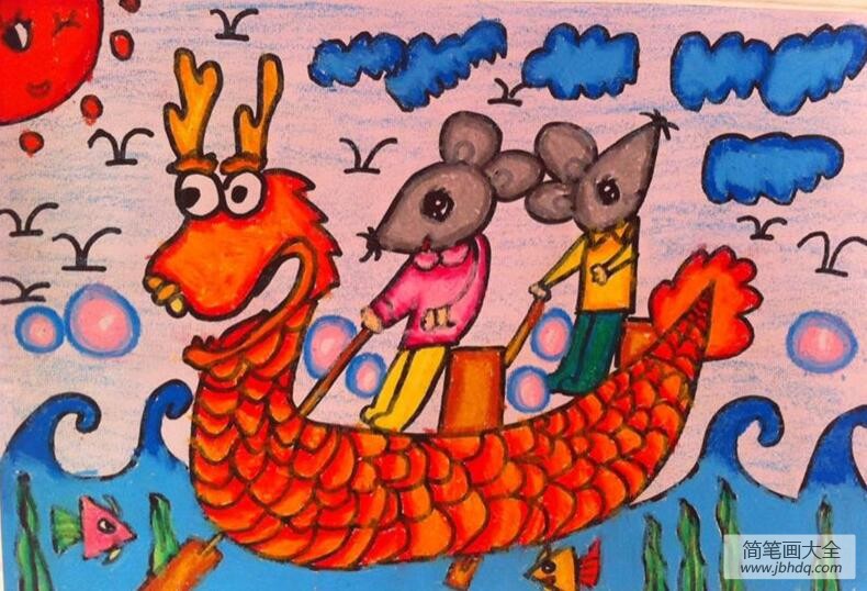 划龙舟的小老鼠二年级端午节创意画作品欣赏
