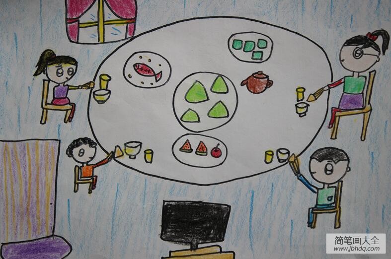 全家一起吃粽子端午节绘画作品赏析