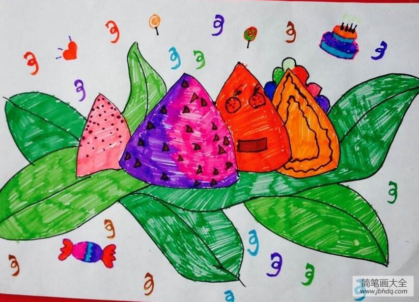 五色粽子端午节小学生绘画作品赏析