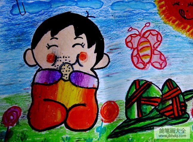 吃粽子的小男孩端午节场景画作品分享