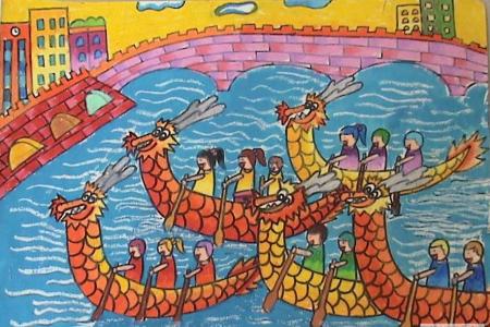 儿童画我们的春节-这天我们划龙舟