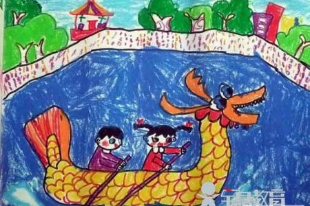 端午节儿童画图片-我和朋友划龙舟
