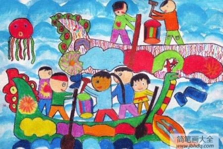 端午节赛龙舟儿童画-齐心协力赛龙舟