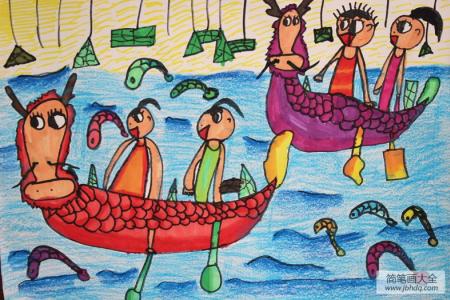 大家一起划龙舟小学生端午节赛龙舟画分享