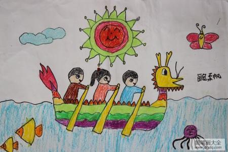 团结一致划龙舟关于端午节的蜡笔画分享