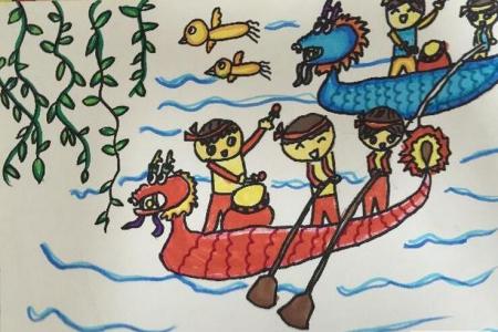 端午节儿童画作品之快乐的划龙舟大赛