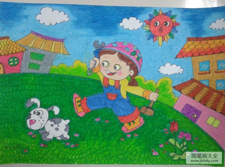 优秀油画棒儿童画作品分享-爱劳动的小女孩