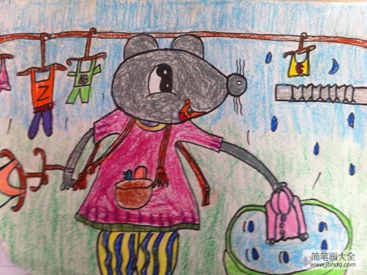 鼠妈妈洗衣服小动物爱劳动儿童画作品分享