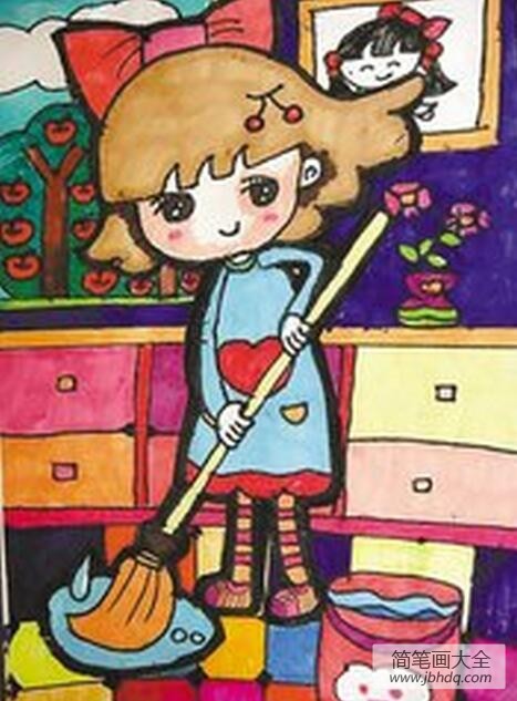 五一劳动节儿童绘画作品之打扫卫生的小女孩