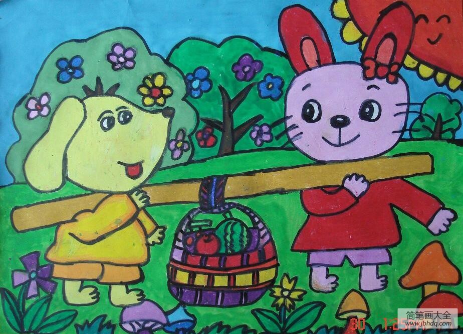 小狗和小兔子爱劳动主题绘画作品赏析