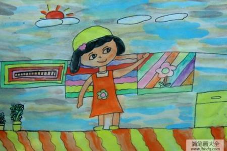 晾被单的小女孩6岁小朋友51劳动节画图片欣赏