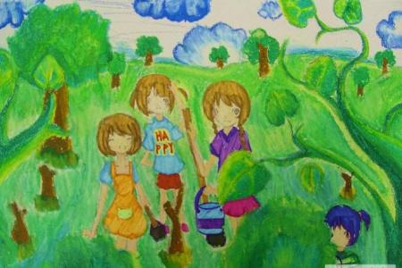 郊外种树忙劳动节小孩画的画作品分享