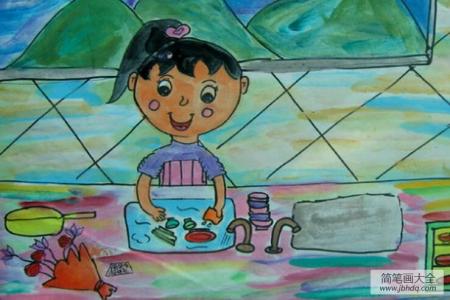 洗餐具的小女孩五一劳动节幼儿图画分享