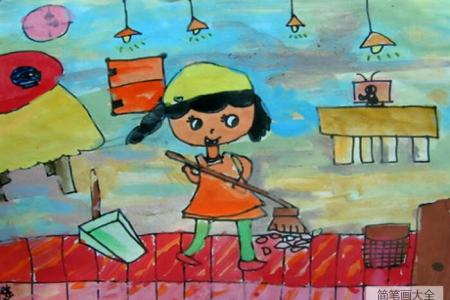 拖地的小女孩五一劳动节画画图片欣赏