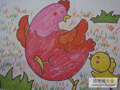 优秀儿童水彩画-鸡妈妈和小鸡玩游戏