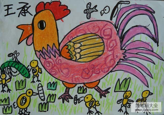 儿童画大全-鸡妈妈带着小鸡觅食