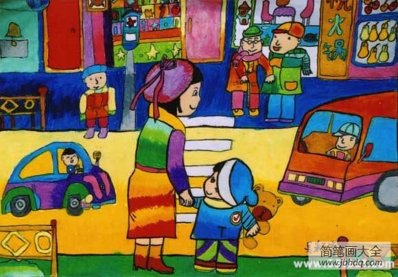 儿童蜡笔画作品欣赏-假期和妈妈去逛街