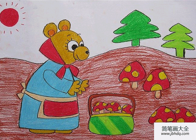 幼儿优秀蜡笔画大全-小熊妈妈采蘑菇
