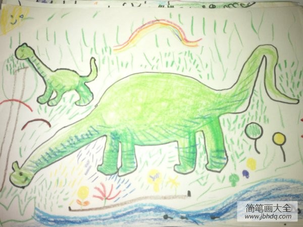 优秀幼儿蜡笔画作品-雨后恐龙妈妈带宝宝吃草