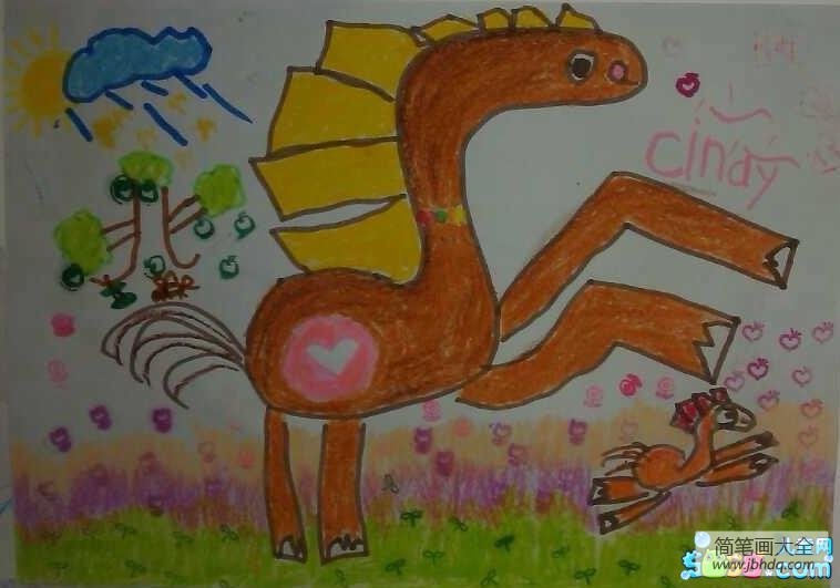 欢度春节儿童画-小马和妈妈赛跑