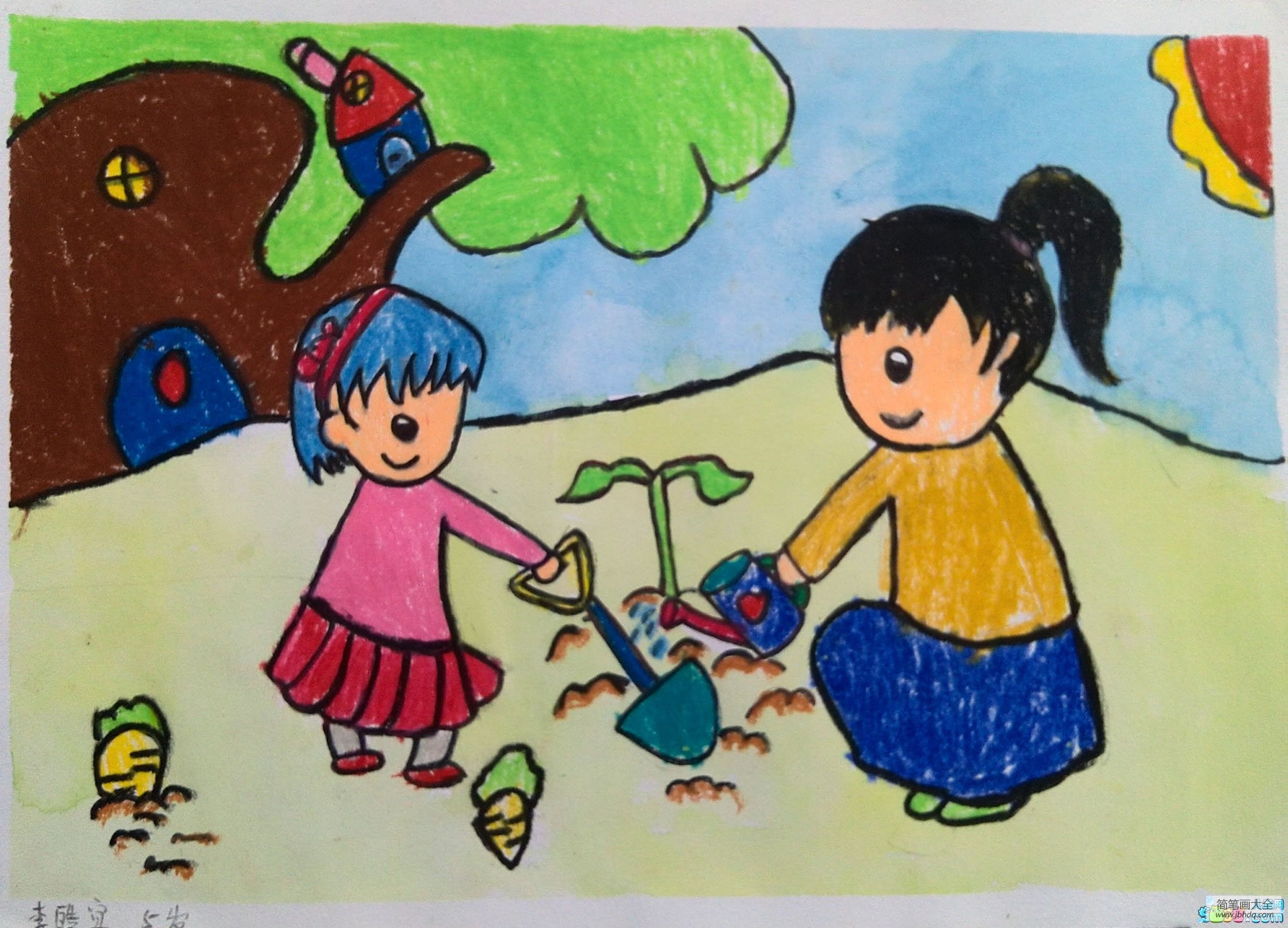 优秀儿童水彩画作品-和妈妈一起种萝卜
