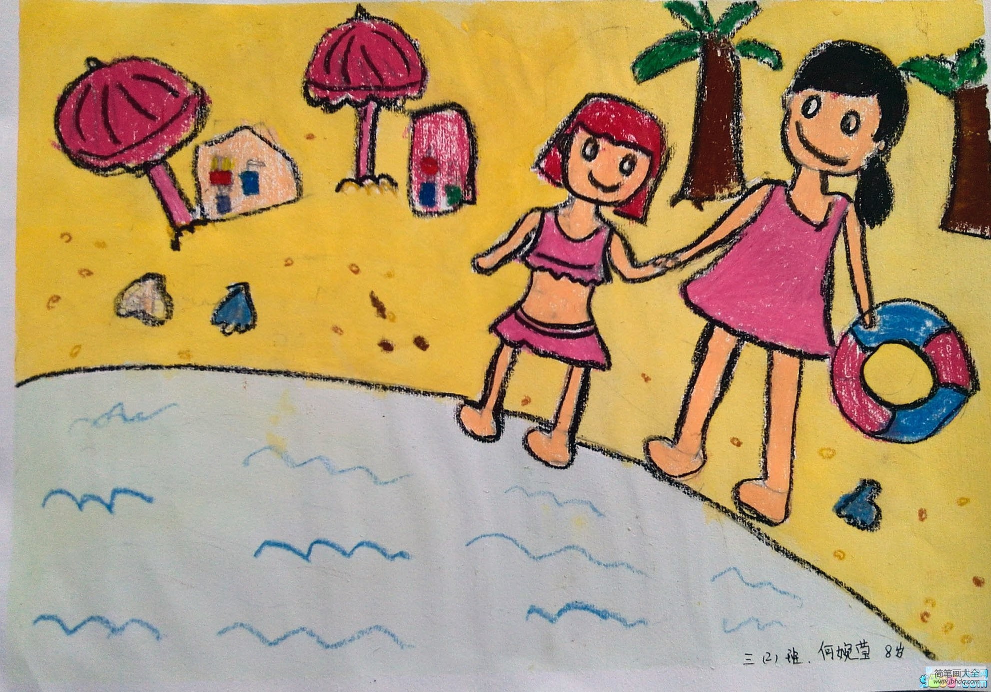 儿童水彩画作品-妈妈带我去游泳
