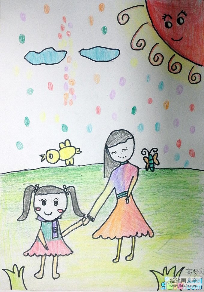 儿童水彩画作品-和妈妈一起去春游