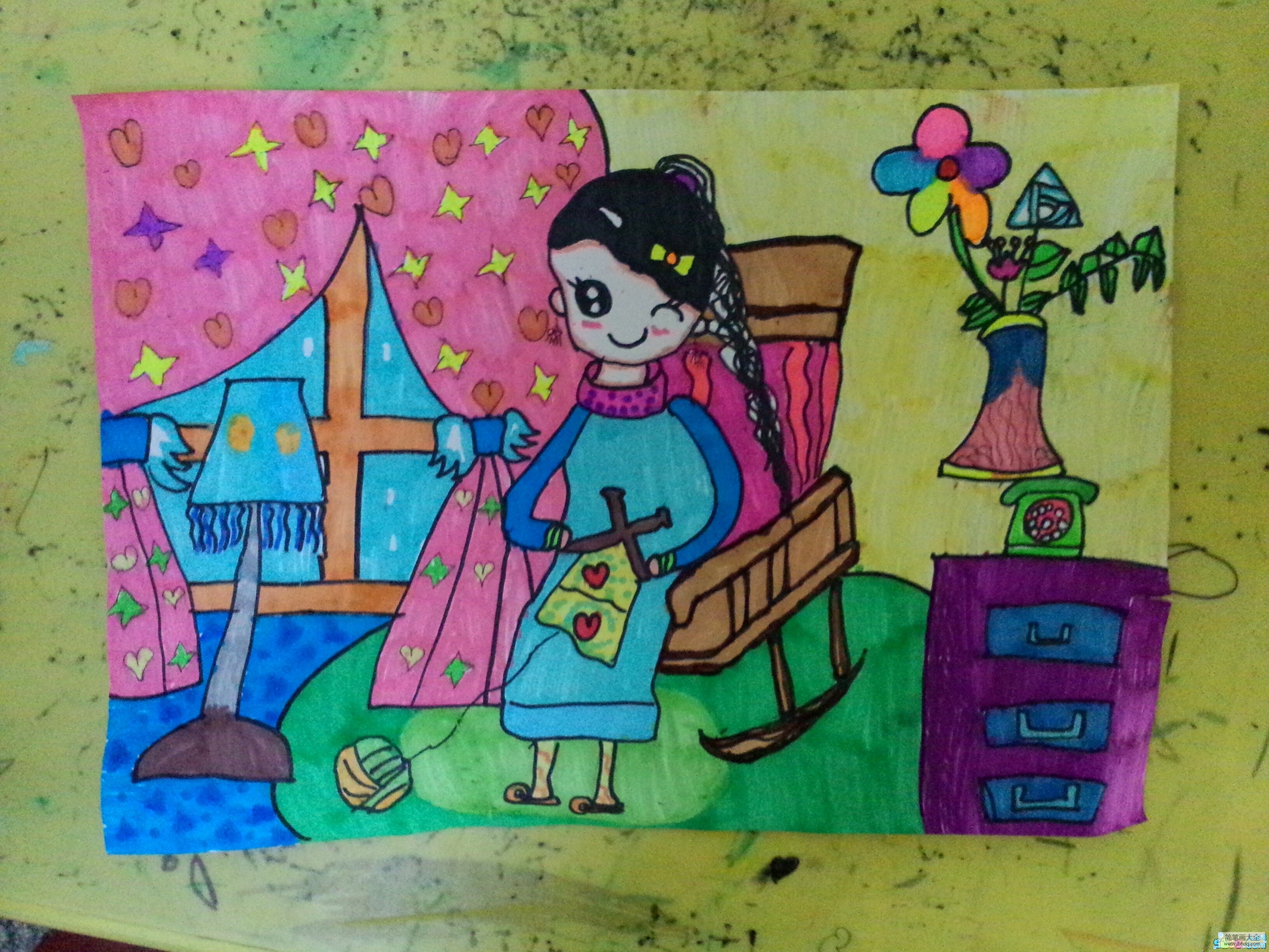 小学生水彩画图片-妈妈织毛衣