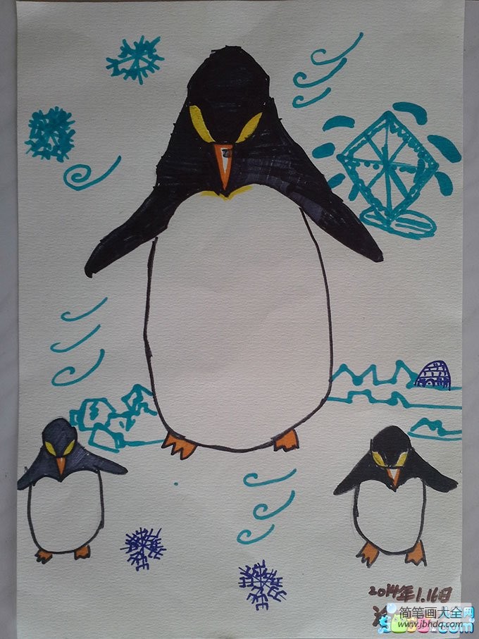 儿童水彩画作品-小企鹅和妈妈