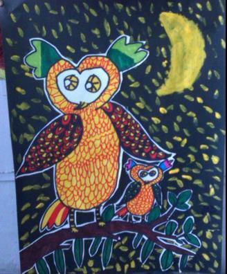 儿童吹塑版画作品-猫头鹰和它妈妈