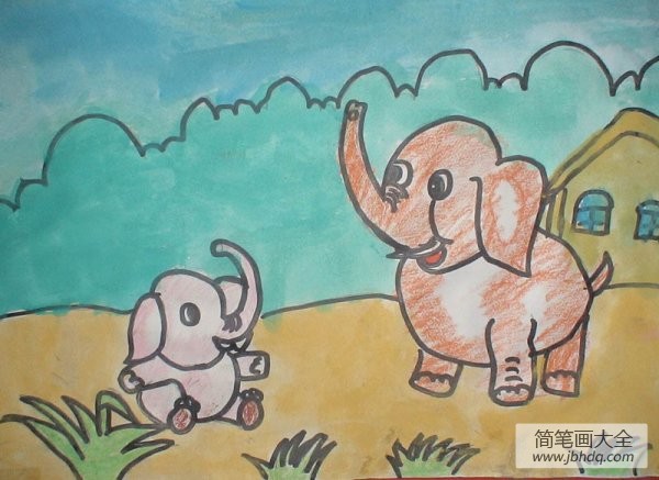 儿童图画大全水彩画-小象和妈妈