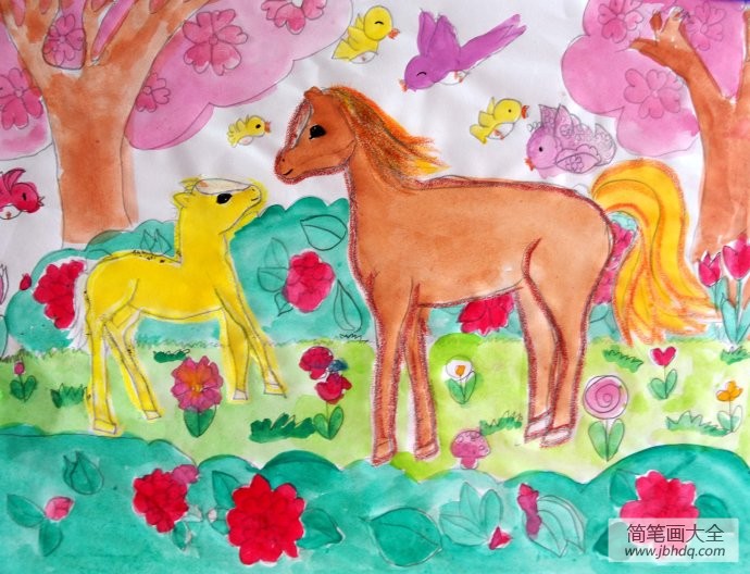 春天动物儿童画图片-小马和妈妈在春天
