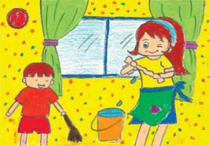关于五一劳动节儿童画-和妈妈一起做家务