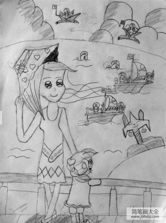 好看的儿童铅笔画人-我和妈妈去看海