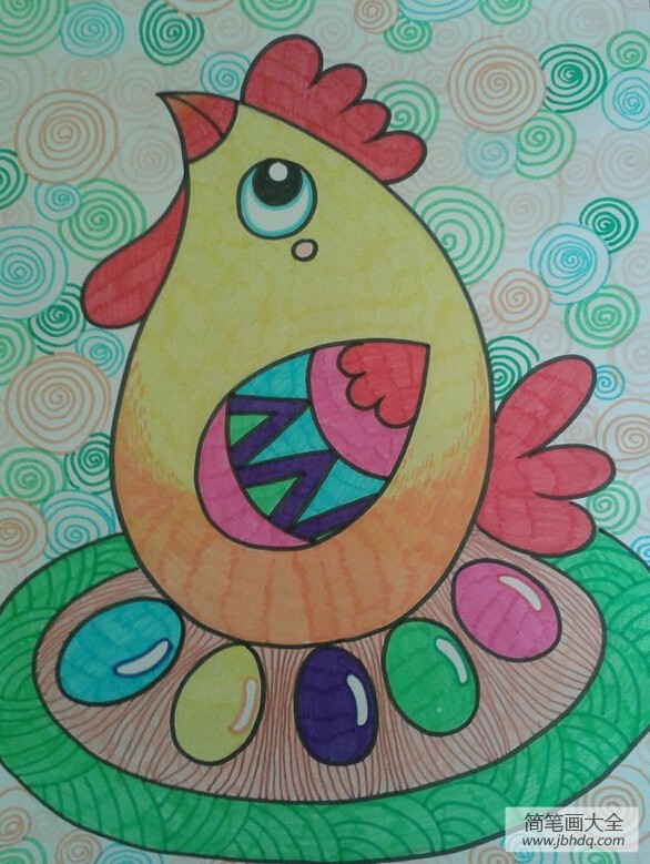 勤劳的鸡妈妈,母鸡孵蛋水彩儿童画作品分享