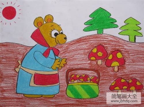 儿童趣味蜡笔画作品欣赏-熊妈妈采蘑菇